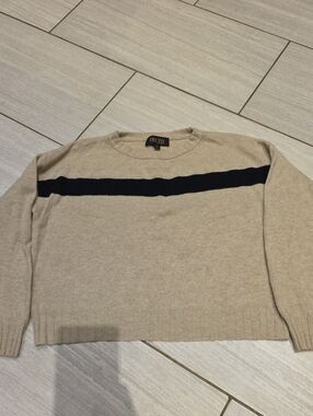 Truth Beige Crewneck Sweater with Black Stripe, 100% Cashmere, Size M